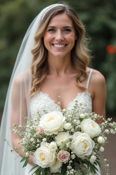 A bride smiling, holding a cascading bouquet of white peonies, garden roses, and delicate foliage.