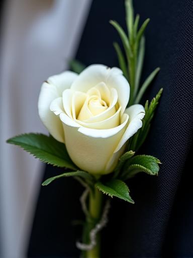 A close-up of a groom's elegant floral buttonhole featuring a small white rose and a sprig of rosemary.