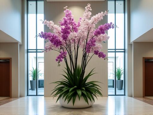 A large, elegant orchid and palm installation in a modern corporate lobby.