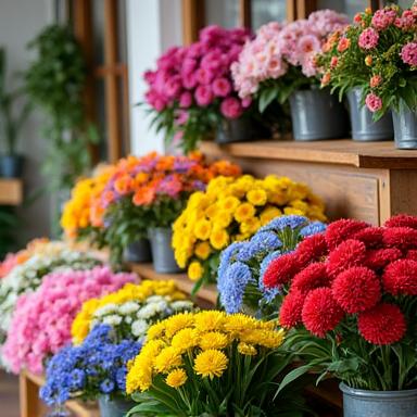 A vibrant and carefully arranged display of colorful fresh flowers inside the Thicket Blooms shop.