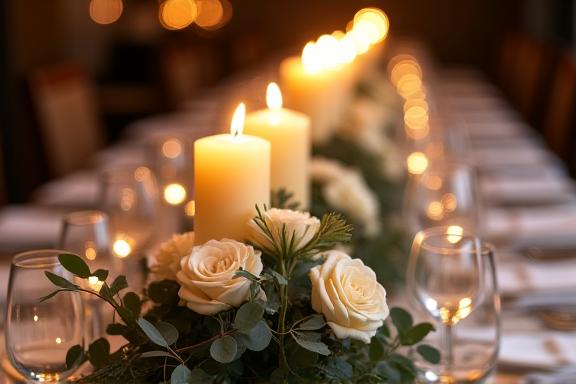 An elegant dinner table centerpiece with cream roses, eucalyptus, and flickering candles.