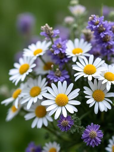 A rustic wildflower bouquet featuring daisies, lavender, and greenery.
