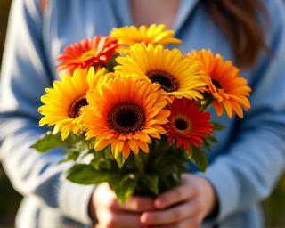 A person holding a vibrant, hand-tied bouquet of seasonal flowers.