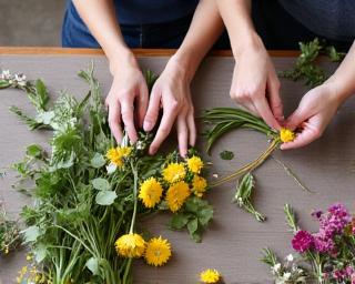 Hands arranging flowers during a floral workshop at Thicket Blooms.