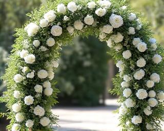 Elegant white and green floral arch for a wedding ceremony.